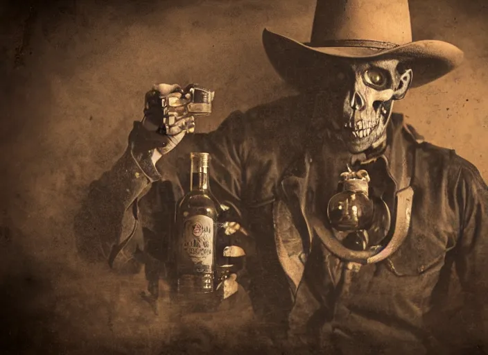 Image similar to hybrid pixar tintype photograph of a renegade skeleton cowboy outlaw at a busy saloon in the old west, holding a bottle of whiskey, wide angle, volumetric lighting, cinematic, bokeh, octane render