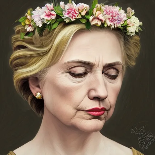 Image similar to side portrait of Hillary Clinton, blond hair, flower crown, white dress, headshot, hyper realistic, pale skin, 4k, rule of thirds, beautiful eyes, extreme detail, detailed drawing, trending artstation, hd, fantasy, D&D, realistic lighting, by Alphonse Mucha, Greg Rutkowski, sharp focus, backlit, elegant