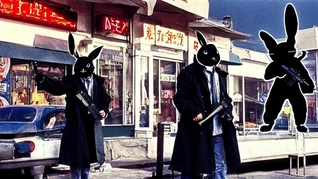 Image similar to a man in a trench coat wearing a black rabbit mask in front of a diner shooting an uzi, film still from the an anime directed by Katsuhiro Otomo with art direction by Salvador Dalí, wide lens