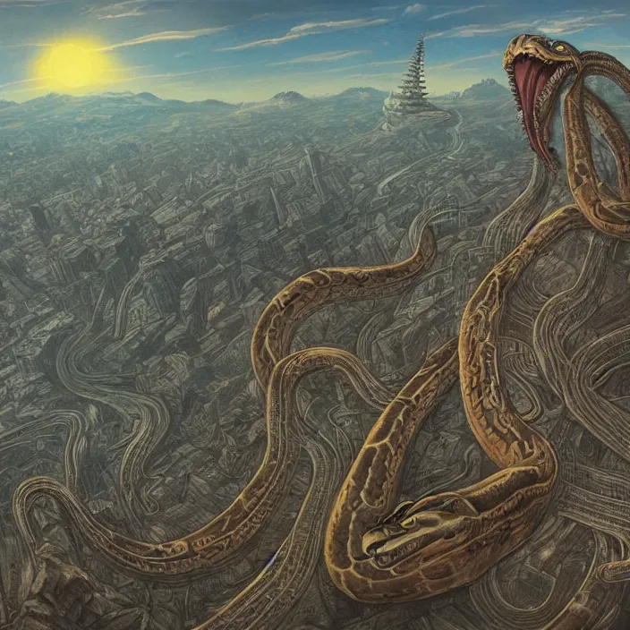 Image similar to A giant snake flying through the mountains, with a city in the background, inspired by the artwork of H. R. Giger and Zdzislaw Beksinski