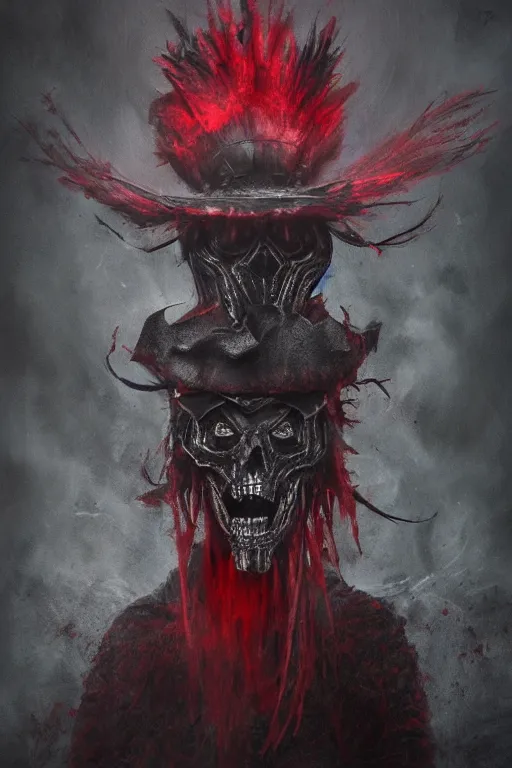 Image similar to the ghost - spirit of the grim - hatter wears the scarlet skull armor and blood headdress, midnight fog - mist!, dark oil painting colors, realism, cinematic lighting, various refining methods, micro macro autofocus, ultra definition, award winning photo