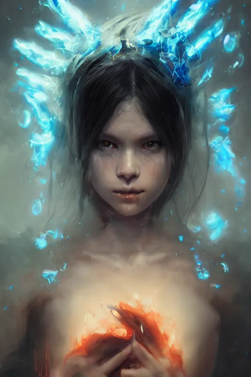 Image similar to a fancy portrait of a young Demon girl covered in blue flames by Greg Rutkowski, Sung Choi, Mitchell Mohrhauser, Maciej Kuciara, Johnson Ting, Maxim Verehin, Peter Konig, final fantasy , 8k photorealistic, cinematic lighting, HD, high details, atmospheric , trending on artstation