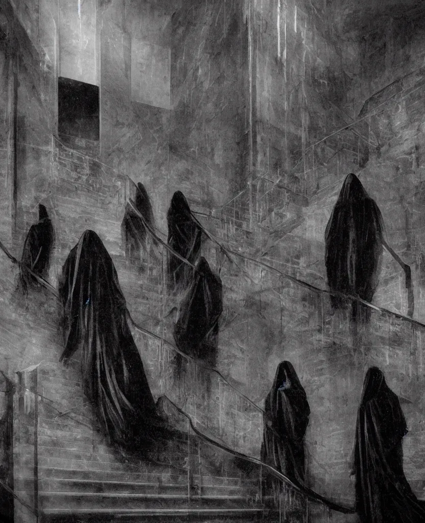 Prompt: several ritualistic figures shrouded in a long trailing dark black opaque gown, exiting a large conference room and descending in tandem down a giant marble staircase, photorealism, hyperrealism, harsh lighting, dramatic lighting, medium shot, serious, gloomy, foreboding, cinematic, creepy