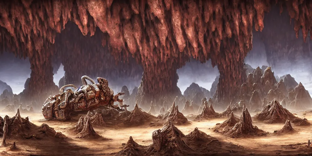 Prompt: chrome mutant waydroids visit rusted cave mouths in the salt dunes, plants, ancient world, matte oil painting, speleothems, merchant tents, canyons, science fantasy, rpg, epic, extremely detailed, sharp focus, 4 k