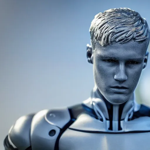 Image similar to a realistic detailed photo of a guy who is an attractive humanoid who is half robot and half humanoid, who is a male android, soccer player martin ødegaard, shiny skin, posing like a statue, blank stare, by the pool, on display, showing off his muscles, humanoid robot, frozen ice statue