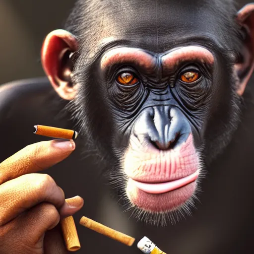 Image similar to a high detail closeup shot of a chimp wearing a suit 👔,and smoking a cigarrette🚬, cgcosiety, artstation, unreal engine, realism