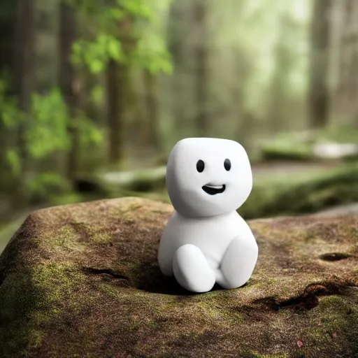 Image similar to Realistic Cute Marshmallow in the forest sitting on a rock crying sad, raining, movie shot, studio shot, studio lighting, 8k