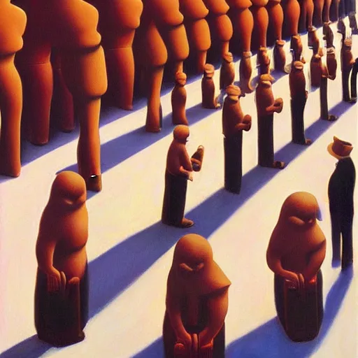 Image similar to a painting of a group of people standing in a line, a surrealist painting by george tooker, reddit, cynical realism, dystopian art, surrealist, academic art