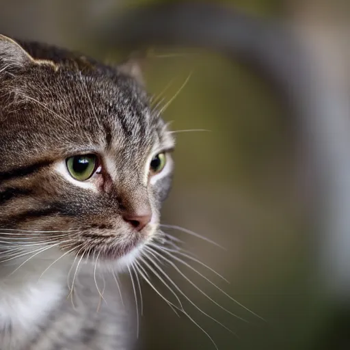 Image similar to a small domestic housecat with a thin mushroom growing atop its head