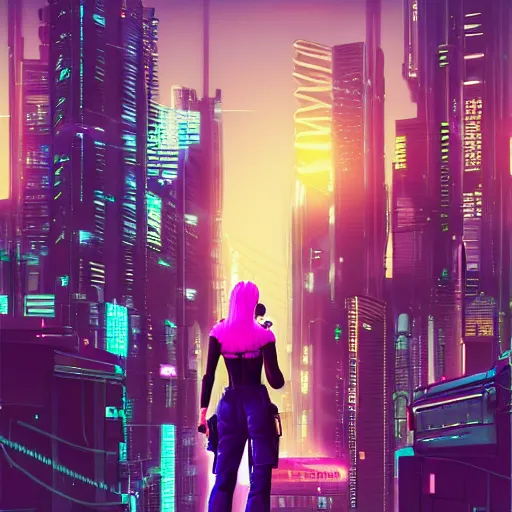 Image similar to book cover artwork of cyberpunk girl standing on a rooftop, short purple hair with undercut, realistic body shape, wearing long leather trenchcoat and black cargo pants. night time, neon cityscape background, flying blimp in the distance. 8 k