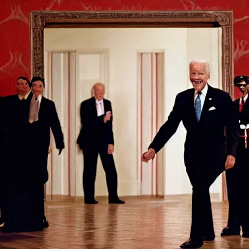 Image similar to biden crashing through door from the movie the shining