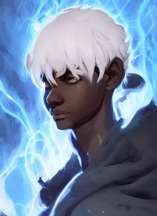 Prompt: concept art painting of a dark skinned person with short white hair, demon horns, white freckles, full clothing, blue robes, detailed, cel shaded, in the style of ruan jia and artgerm and makoto shinkai and james gurney