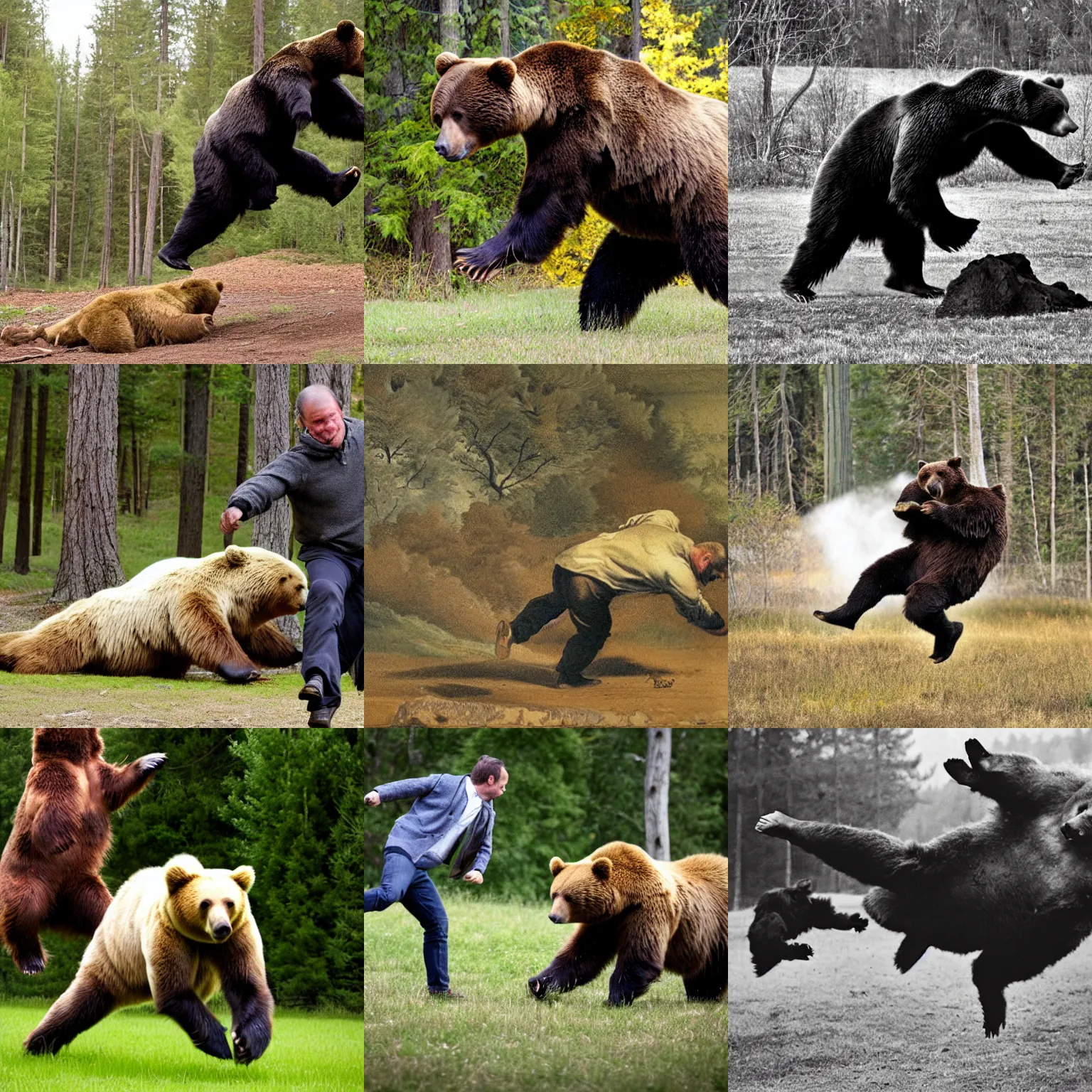 Prompt: photo, A man kicking a bear.