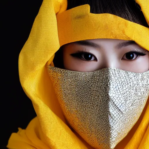 Prompt: japanese female balaclava face mask with golden necklace and kimono, photo portrait, beautiful female model