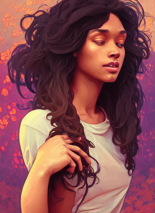 Image similar to handsome young black women with shoulder length brown hair, half body shot, path traced, highly detailed, high quality, digital painting, alena aenami, lilia alvarado, shinji aramaki, karol bak, alphonse mucha, tom bagshaw