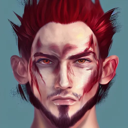 Prompt: portrait, 30 years old man :: red hair ponytail :: burned face :: high detail, digital art, RPG, concept art, illustration