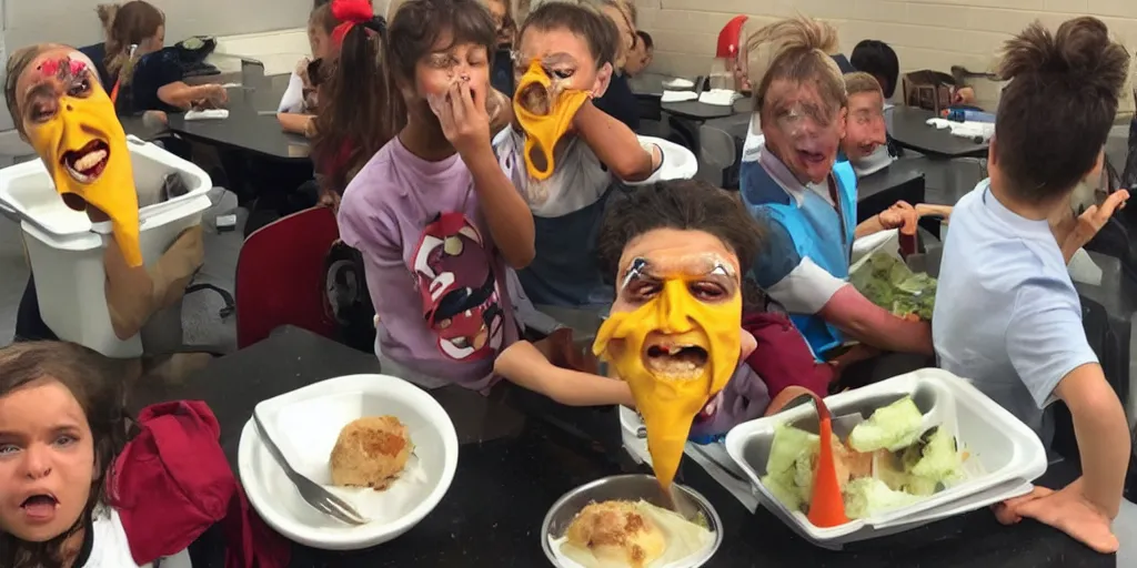 Image similar to cyclops coneheads school lunchroom food fight, detailed facial expressions