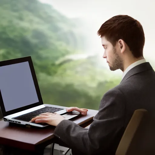 Prompt: a demon programmer gentleman ~ using a laptop ~ lava background ~ sitting on a chair ~, 4 k, ultra hd