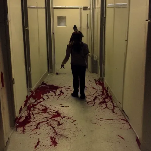 Image similar to pov of a person stuck in the backrooms, with dim lights, a trail of blood, and a corpse.