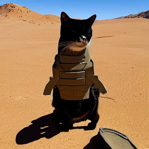 Prompt: a cat wearing modern body armor in a desert