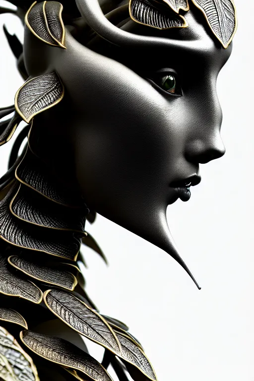 Image similar to bw contrasted close - up profile face, black background, beautiful young porcelain vegetal - dragon - cyborg - female, 1 5 0 mm, beautiful natural soft rim light, silver gold details, magnolia leaves and stems, roots, mandelbot fractal, elegant, ultra detailed, white metallic armour, octane render, h. r. giger style