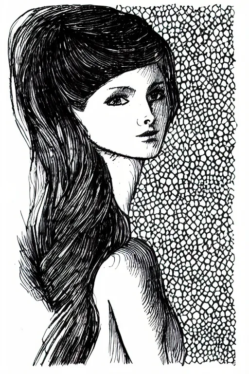 Image similar to ink lineart drawing of beautiful woman by the beach, white background, etchings by goya, chinese brush pen illustration, high contrast, deep black tones, contour