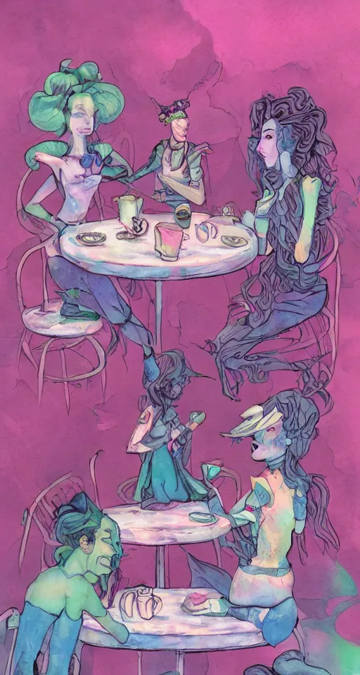 Image similar to soldier of chaos, mischief and beauty having tea alone at a table in a pastel fantasy land, surreal, glitched watercolor, chromatic abberation, trending on artstation, in the style of james jean feint, inspired by art nouveau