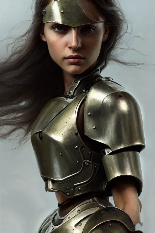 Prompt: a photorealistic painting of an attractive young girl, partially clothed in thick metal-plated battle armor, olive skin, long dark hair, beautiful bone structure, symmetric facial features, perfect eyes, intricate, elegant, natural posture, digital painting, concept art, finely detailed, illustration, sharp focus, minimal artifacts, from Metal Gear, by Greg Rutkowski, in the style of Ruan Jia and Mandy Jurgens and Artgerm and William-Adolphe Bouguerea, trending on Artstation, award winning