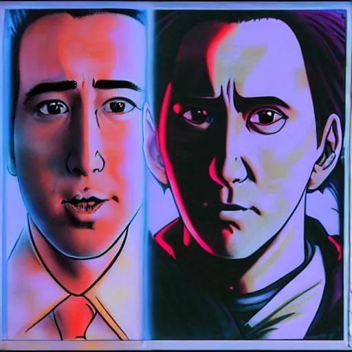 Image similar to beautiful amazing anime portrait painting of nicholas cage in tokyo. neon lights. by hayao miyazaki, katsuhiro otomo, akira toriyama, satoshi kon, eiichiro oda, hideaki anno