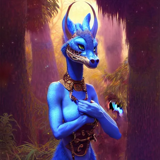 Image similar to a portrait of a female blue dinosaur wearing ornate plastic armor at night in a dark forest. zootopia fursona furaffinity furry art detailed face painting by gaston bussiere craig mullins jc leyendecker gustav klimt artgerm greg rutkowski furry