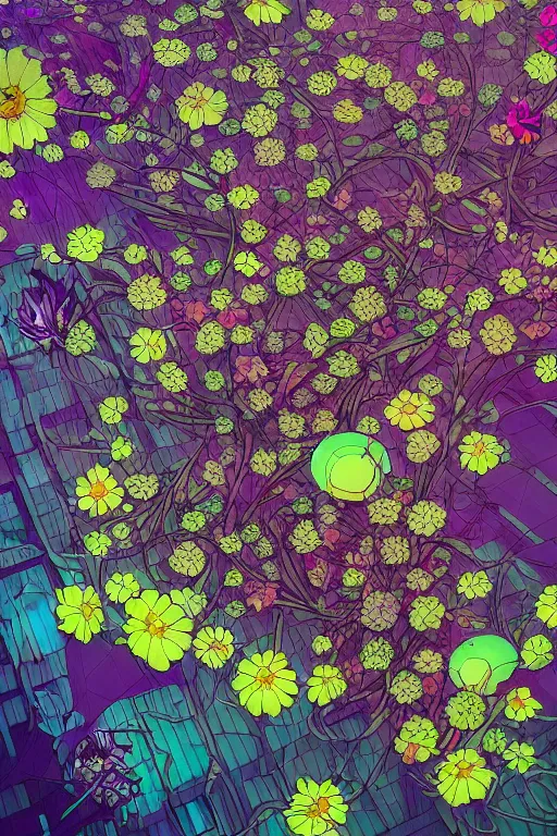 Image similar to night sky full of flowers, cyberpunk art, floating detailes, leaves by miyazaki, kenneth blom, mental alchemy, pablo amaringo, naudline pierre, contemporary art, hyper detailed, photorealistic,