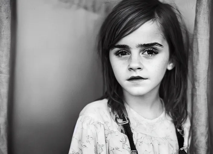 Image similar to professional fine detailed photo portrait of young emma watson from makhachkala, dagestan. kid emma watson in the postsoviet suburbia, iphone photo, instagram, black and white - - cfg _ scale 7