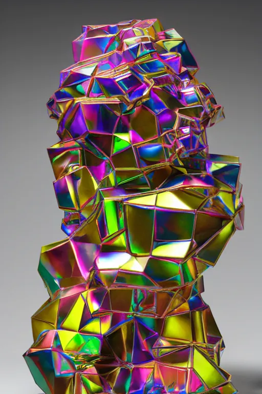 Image similar to a multicolored bismuth golem, an abstract sculpture by ryusei kishida, polycount, crystal cubism, angular, iridescent, made of crystals