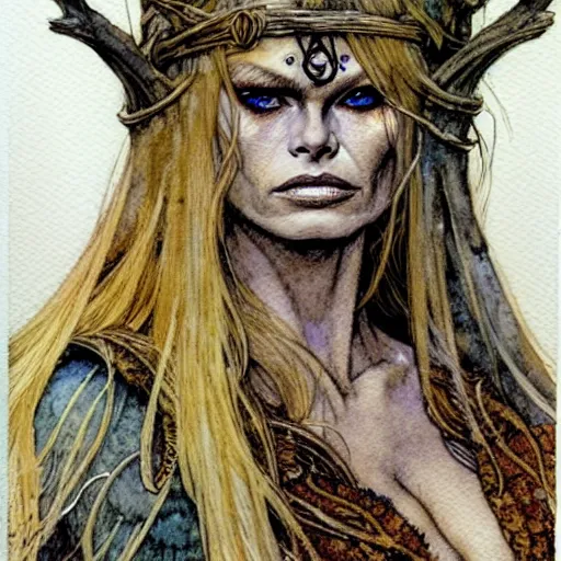 Image similar to a realistic and atmospheric watercolour fantasy character concept art portrait of brigitte bardot as a druidic warrior wizard looking at the camera with an intelligent gaze by rebecca guay, michael kaluta, charles vess and jean moebius giraud