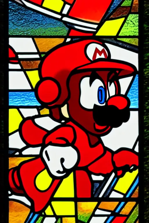 Prompt: super Mario, Ferrari testarossa, stained glass, inverted
