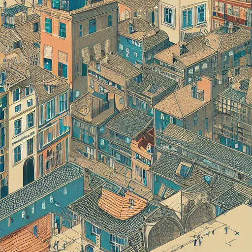 Image similar to isometric view illustration of a medieval Marseille street corner, highly detailed, mid day by Victo Ngai