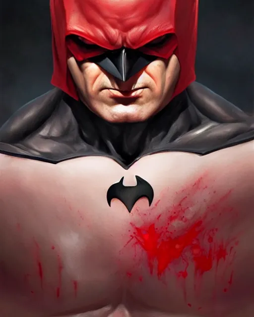 Image similar to character portrait of a muscular old batman with the batlogo in his chest made of blood, piercing bright red eyes, and pale skin, by greg rutkowski, mark brookes, jim burns, tom bagshaw, trending on artstation