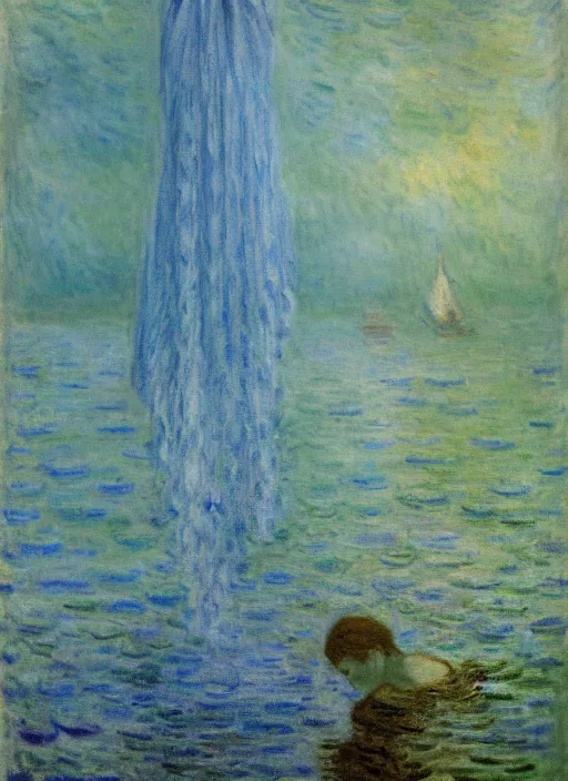 Image similar to long female dress abandoned on the bottom of the sea, art by claude monet