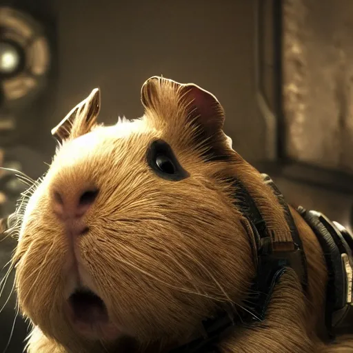 Image similar to guinea pig in gears of war, splash art, movie still, detailed face, photorealistic facial features, cinematic lighting, dramatic, octane render, long lens, shallow depth of field, bokeh, anamorphic lens flare, 8 k, hyper detailed, 3 5 mm film grain