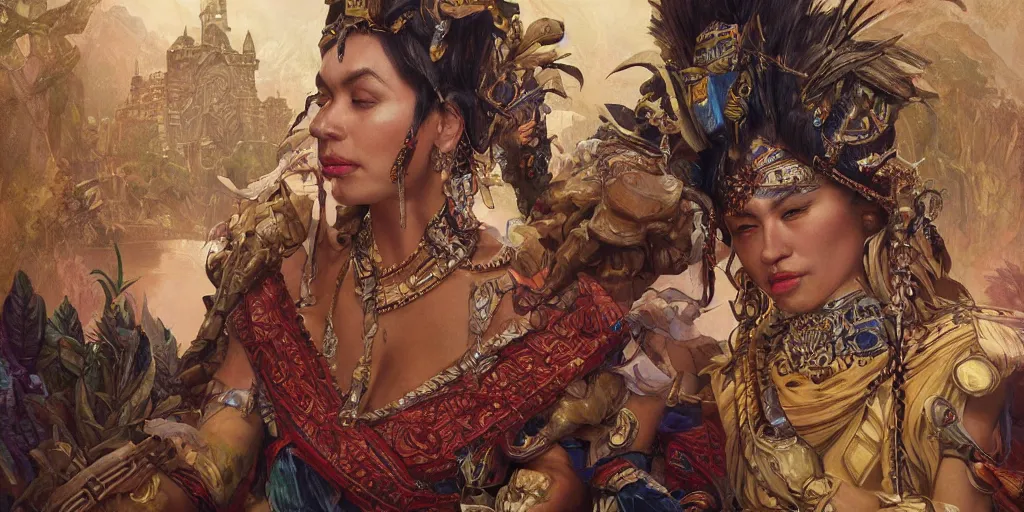 Image similar to inca emperor, hydra, deep focus, intricate, elegant, highly detailed, photorealistic rendering, sharp focus, illustration, hearthstone, art by artgerm and greg rutkowski and alphonse mucha