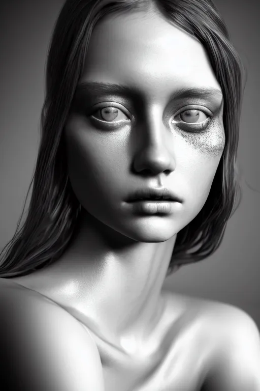 Prompt: monochrome hyperdetailed very close portrait of a model, beautiful young female with brown hair and grey eyes, volumetric light, alexander mcqueen, rim light, octane render, 8 k