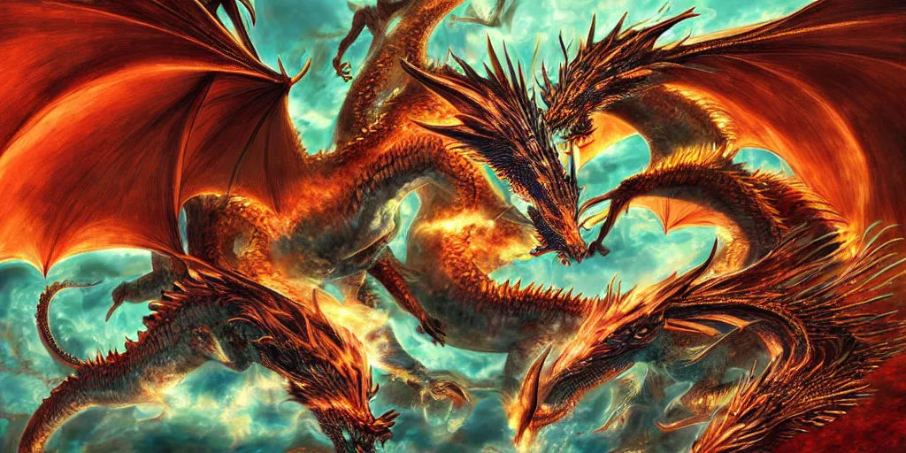 Image similar to Four dragons power up one sphere of high energy through their breaths. The dragon of wind, the dragon of fire, the dragon of water, the dragon of earth. Digital art, hyper detailed, beautiful, clear definition, HD