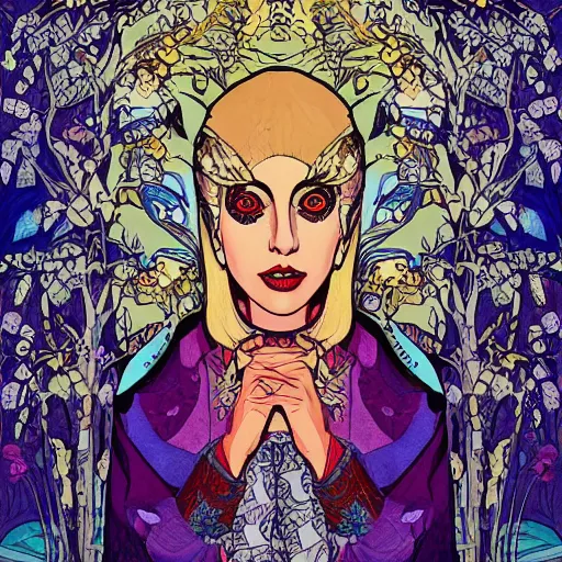 Image similar to lady gaga on a detailed ivan bilibin and edmund dulac and ilya kuvshinov and katsuhiro otomo inspired print