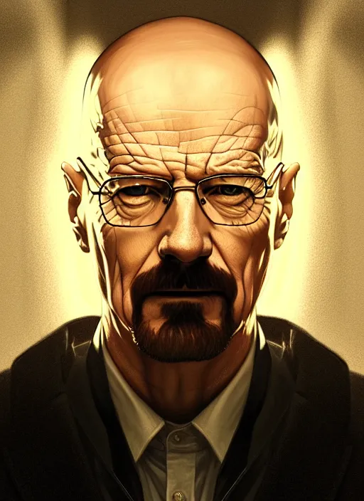 Image similar to symmetry portrait of walter white, glowing lights intricate, elegant, highly detailed, digital painting, artstation, concept art, smooth, sharp focus, illustration, art by artgerm and greg rutkowski and alphonse mucha