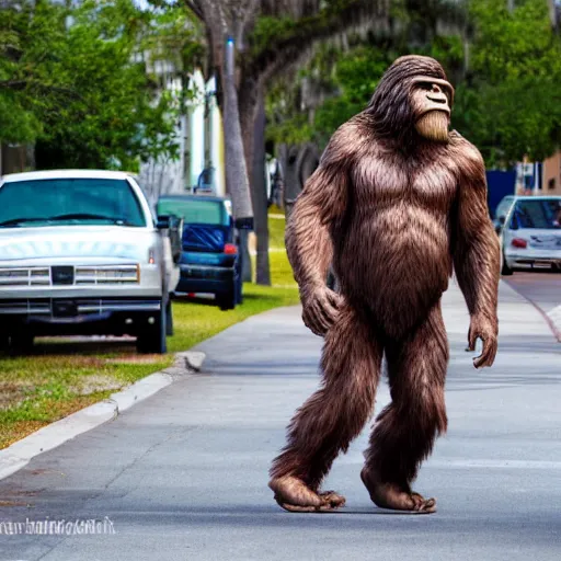 Image similar to bigfoot walking down the street in downtown Pensacola Florida