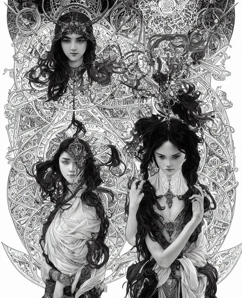 Prompt: black and white illustration of mystical geometrical alchemical black sacred symbols, deep focus, intricate, elegant, highly detailed, pen and ink style, artstation, concept art, matte, sharp focus, art by artgerm and greg rutkowski and alphonse mucha