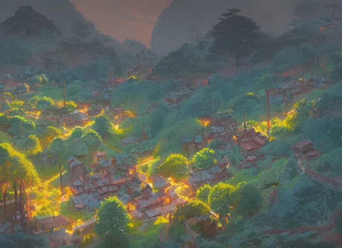 Image similar to concept art painting of a small woodland village in a valley seen from above, european japanese buildings, early morning, cel shaded, detailed, realistic, by makoto shinkai and moebius and anton fadeev and james gurney
