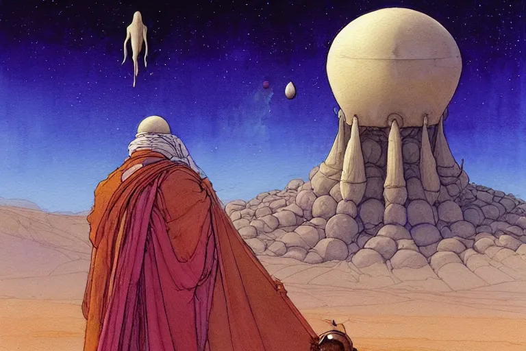 Prompt: a hyperrealist watercolour character concept art portrait of a middle eastern merchant keeling down in prayer in front of an elegant alien with 1 2 eyes on a misty night in the desert. a ufo is in the background. by rebecca guay, michael kaluta, charles vess and jean moebius giraud