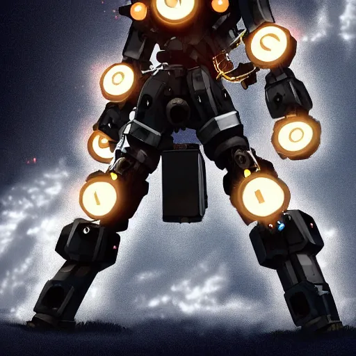 Prompt: a steampunk mech - suit that can shoot lazers, anime, plain background, cinematic lighting, finely detailed,