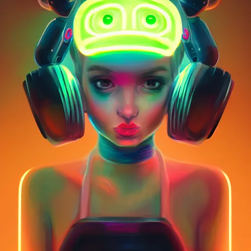 Image similar to portrait of a cute young woman with robot ears and eyes, 4k, sharp focus, neon colored fluorescent lighting, jordan grimmer